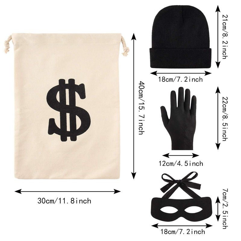 YAROMO 8 Pieces Robber Costume Set, Include Canvas Dollar Sign Money Bags Bandit Eye Mask Knit Beanie Cap for Halloween Cosplay Burglar Theme Party - Image 2